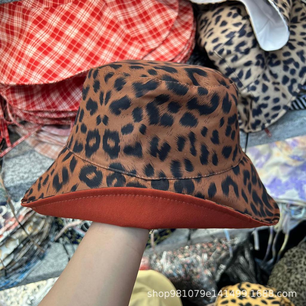 New bucket hat leopard print grid sun hat four seasons universal basin hat foreign gas hat double-sided can be brought