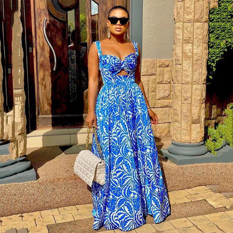 

Women Printed Holiday Dress Fashion Vacation Style Open Back Stitching Printing Dress Blue 2 M