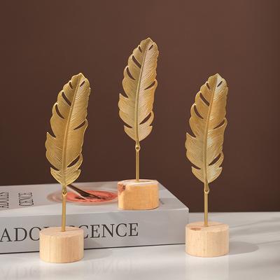 1 pieza de figuras de metal con forma de pluma de ginkgo dorado, manualidades de escritorio, adornos, accesorios para fotos, estatuas, esculturas, decoración del hogar.