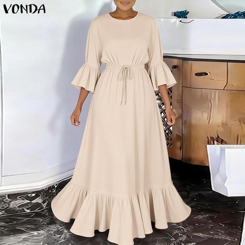 VONDA Women V Neck 3/4 Sleeve Casual Loose Drawstring Waist Maxi Rufffled Dress Robes