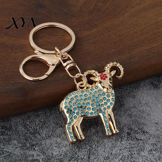 Rhinestone Goat Charm Golden Plated Keychain, Animal Shaped Zodiac Key Ring Metal Keyring Pendant, Handbags Backpack Decorative Accessories Pendant