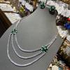 Internet Celebrity Double Layer Green Chrysanthemum Claw Chain Diamond Zircon Necklace Light Luxury Women Versatile Chrysanthemum Earrings Set