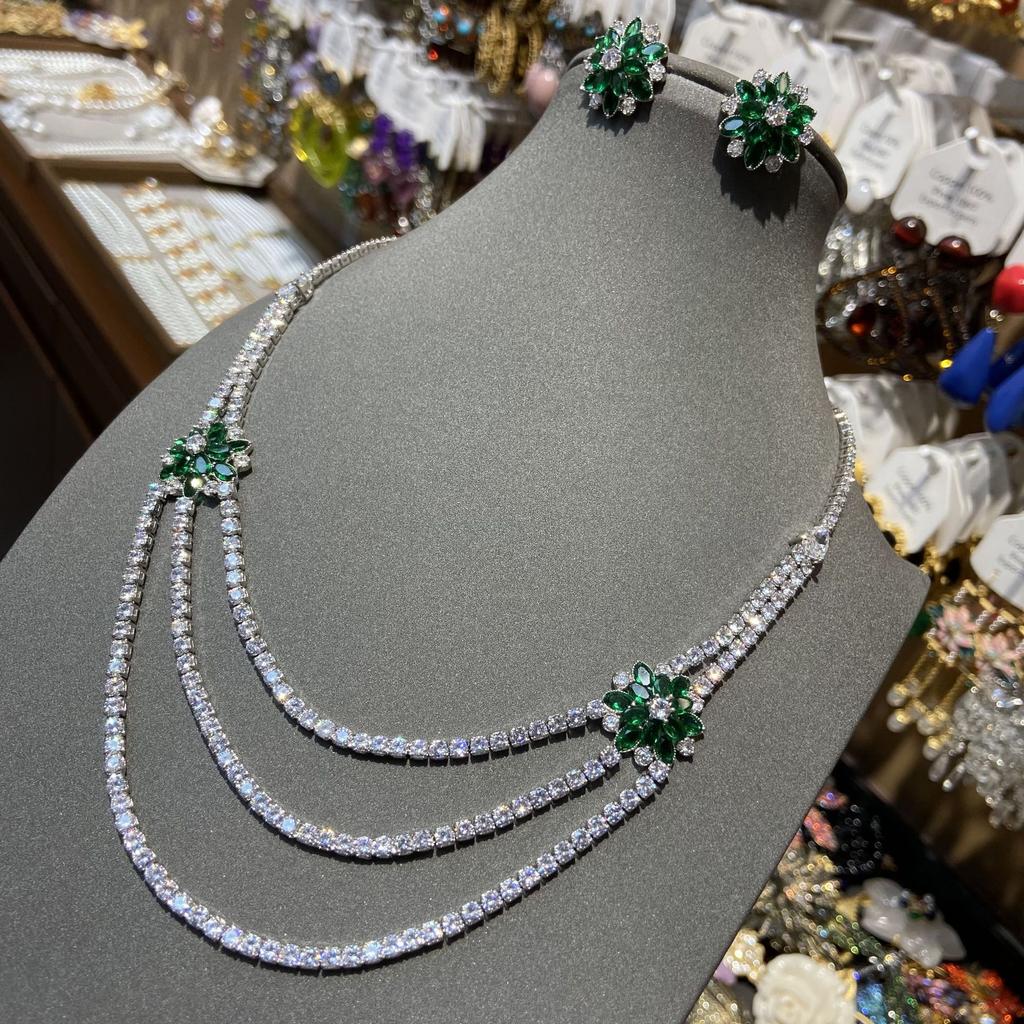 Internet Celebrity Double Layer Green Chrysanthemum Claw Chain Diamond Zircon Necklace Light Luxury Women Versatile Chrysanthemum Earrings Set