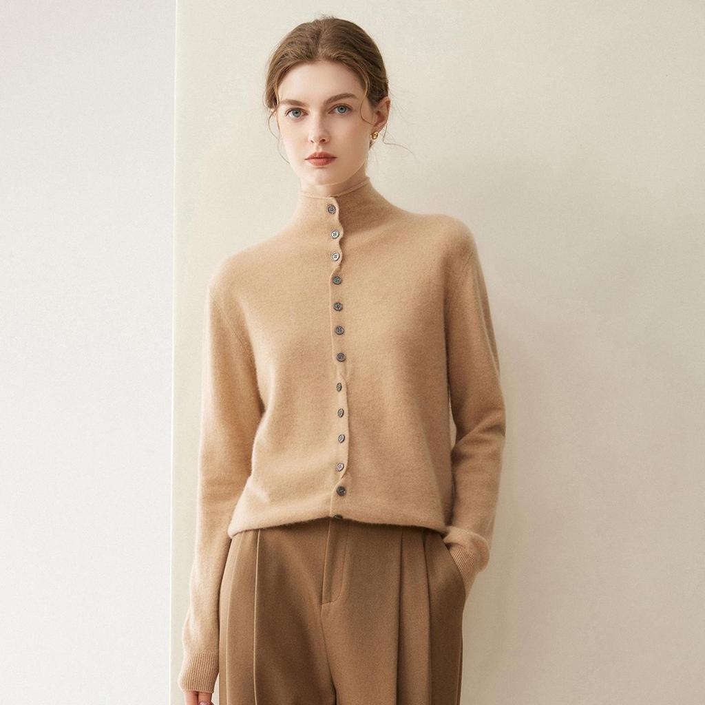 Women's Pure Cashmere Single-Breasted Sweater - Winter 2026, Solid Color, Gentle Style, Loose Fit, Slimming Design