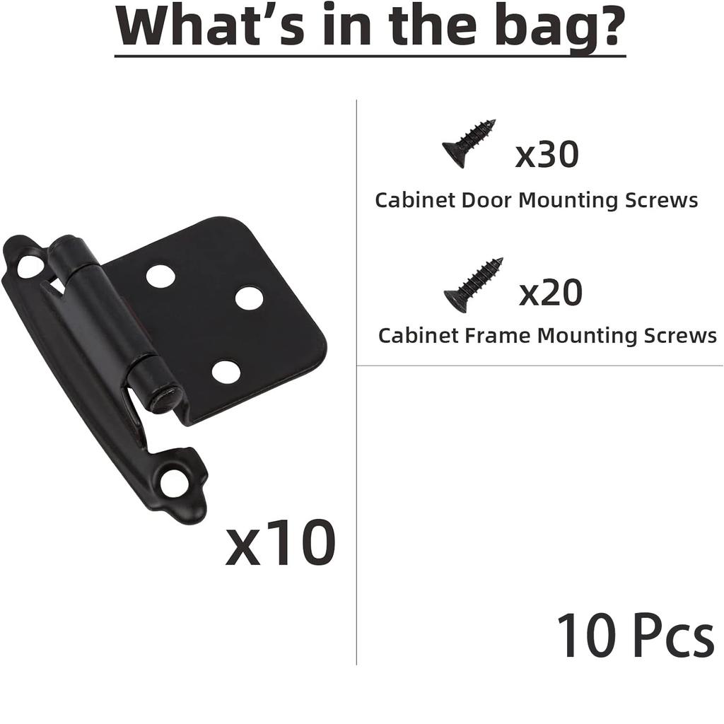 10Pcs Decobasics 1/2" Overlay Matte Black Cabinet Hinges, Self Closing Bath & Kitchen Cabinet Hinges Black Flush Mount w/Door Bu