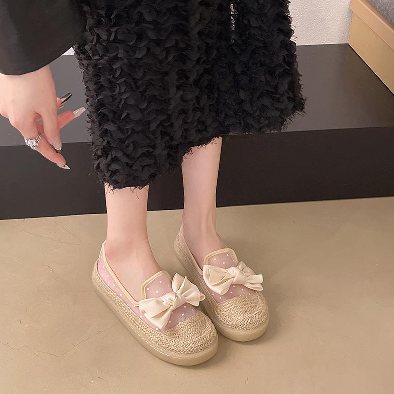 Fisherman Shoes Women's 2025 Summer New Korean Version Mesh Bow Flat Shoes Straw Woven One Pedal Lazy Single Shoes Women