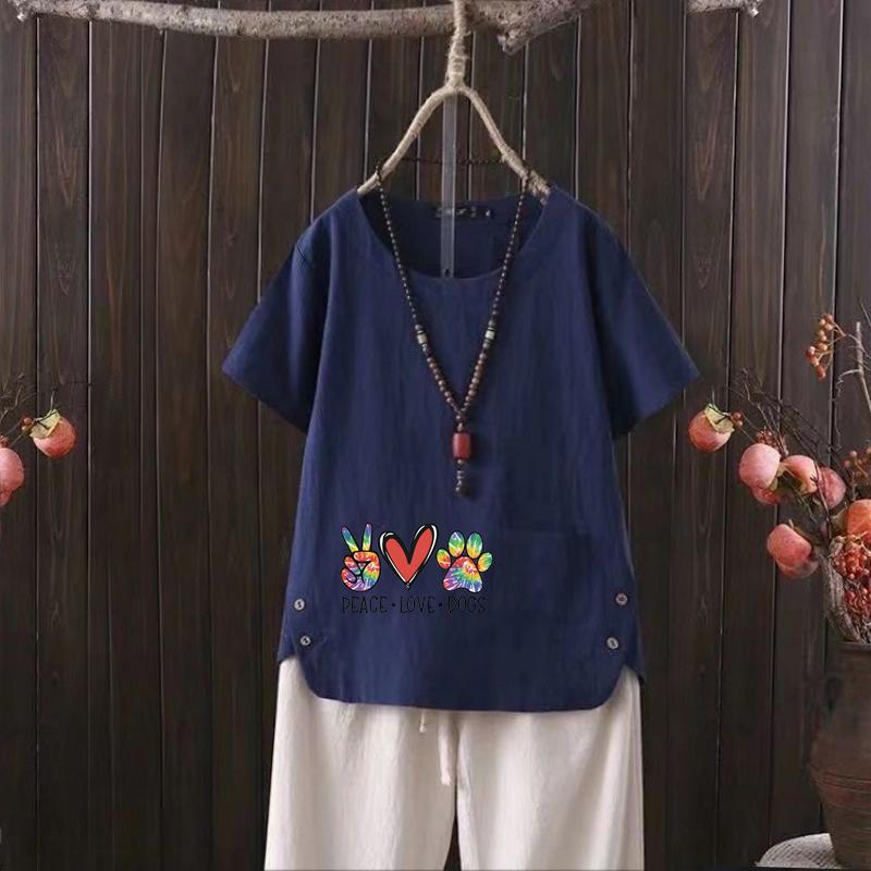 

Женская мода Gesture Printed Летняя повседневная свободная футболка с коротким рукавом Летняя блузка Топы 4XL темно-синий