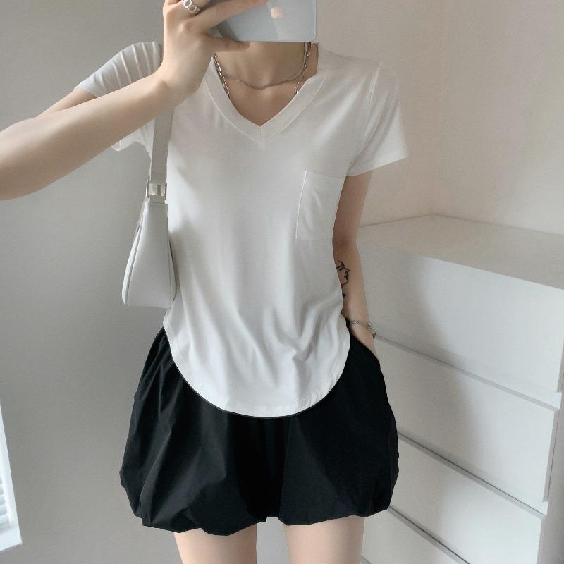 Modal Short-sleeved T-shirt for Women In Summer New V-neck Loose Slim and Versatile Irregular Top