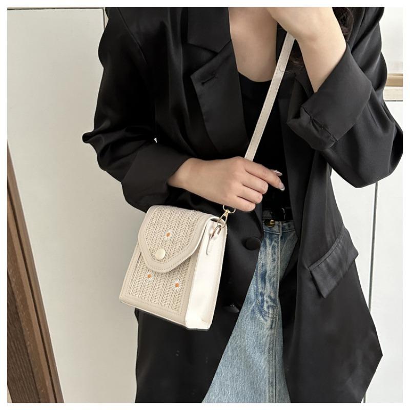 Women Straw Woven Small Square Crossbody Shoulder Phone Bag For Daily Use