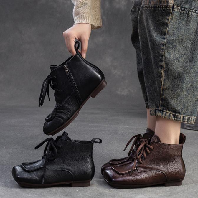 Johnature Kurze Stiefel aus echtem Leder im Retro-Stil mit bequemer, quadratischer Zehenpartie und Schnürung für Damen