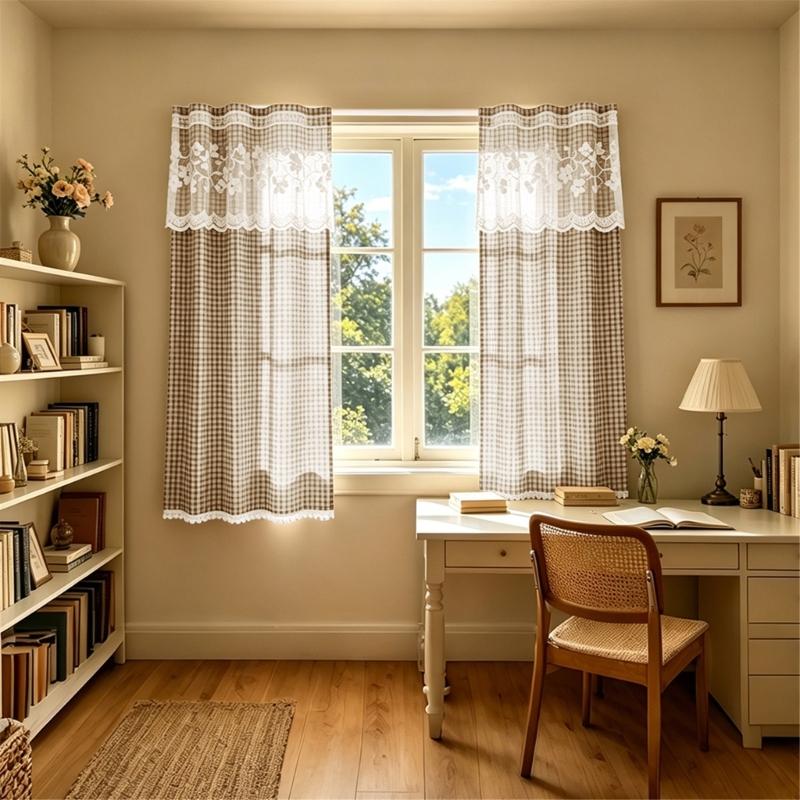 Kitchen Short Curtain Panel with Top, Light Filtering Polyester Privacy Panel and Trim Accent Style Window Drape