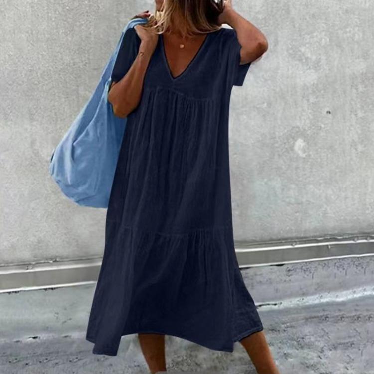 Women Casual Long Cotton V Neck Solid Color Simple Style Baggy Dress 1Pc