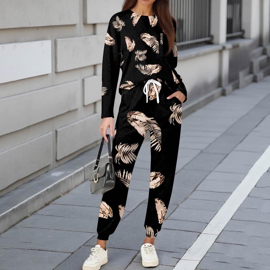 Sets für Damen 2-teilig Rundhals Langarmshirts Bedruckte Jogginghosen Taschensets