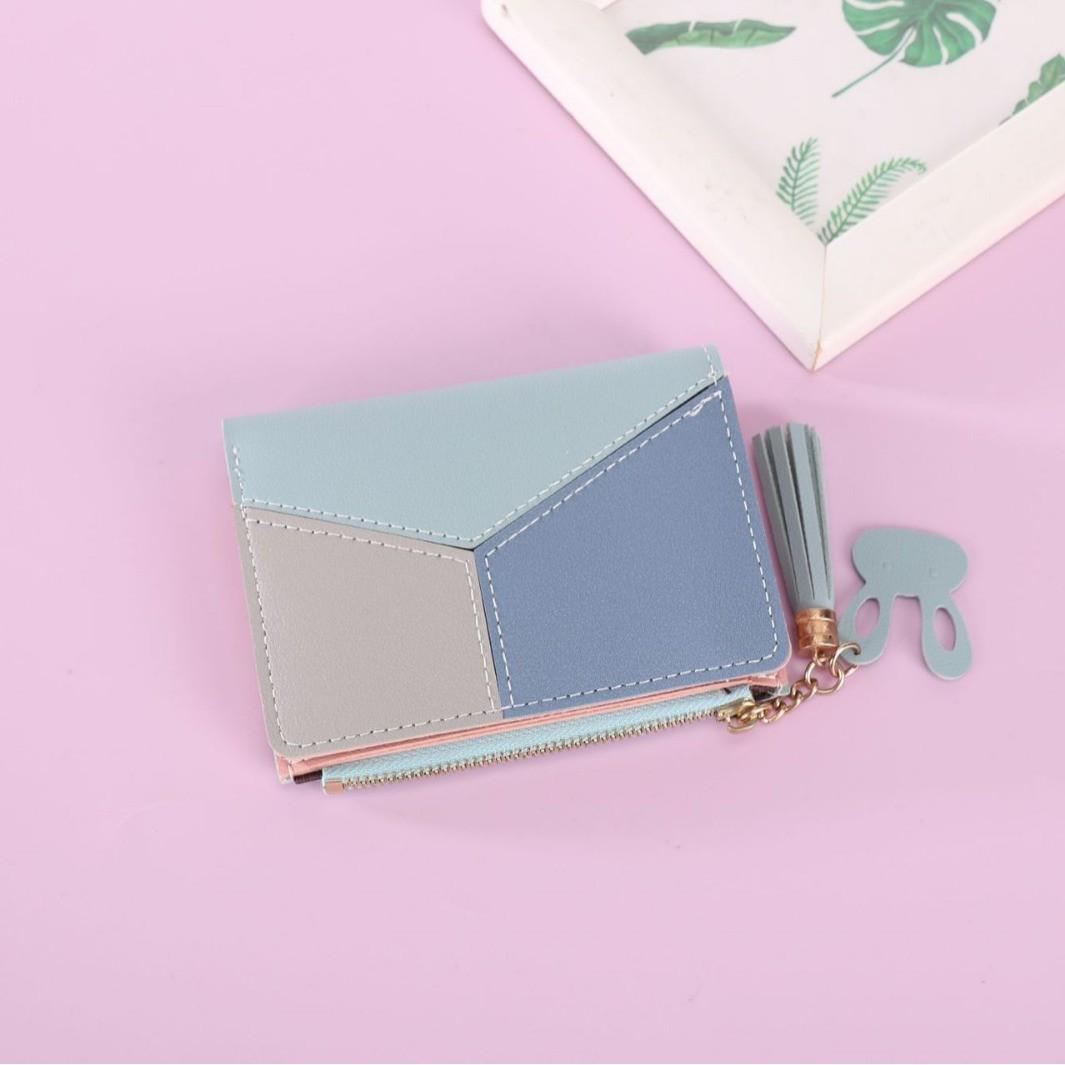 

Женский кошелек с застежкой-молнией: Корейский стиль с кисточкой, контрастного цвета, кошельком для монет и держателем для карт. светло-синий