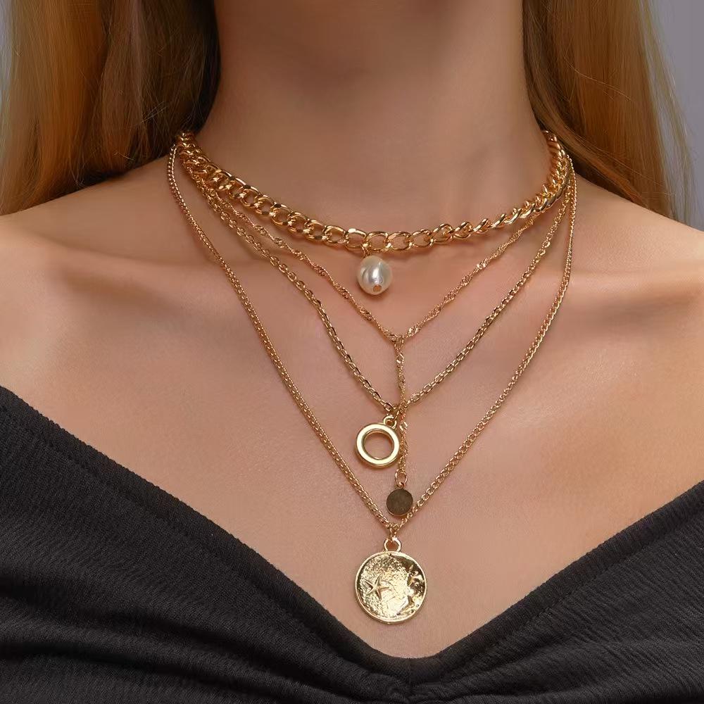 Star & Moon Multi-Layer Alloy Necklace - Hip-Hop Style Portrait Clavicle Chain