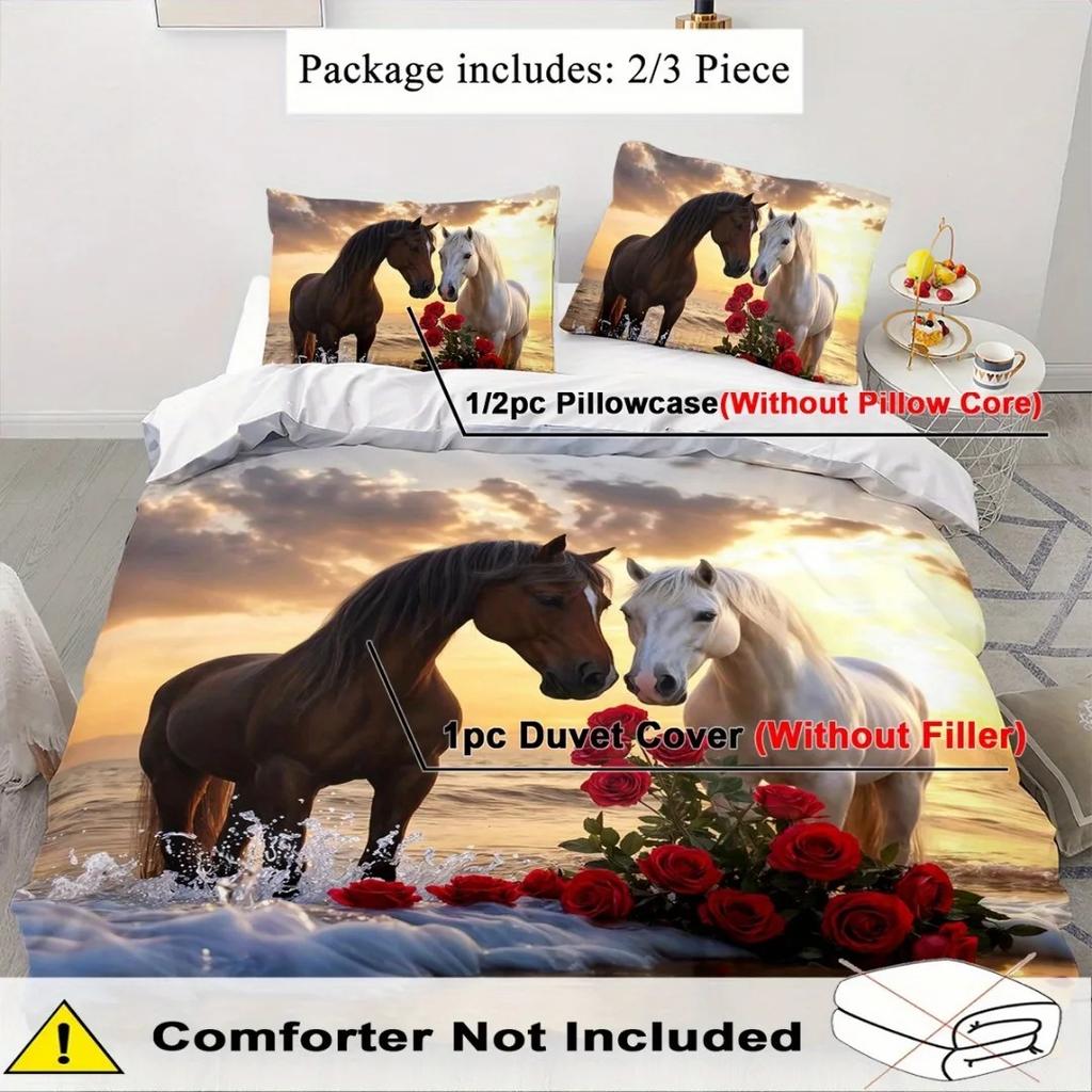 3Pcs Love Themed Horse 3D Printed Bedding Set Cozy Comfortable Duvet Cover King Queen Twin Size Birthday Gift Bedroom Decoration