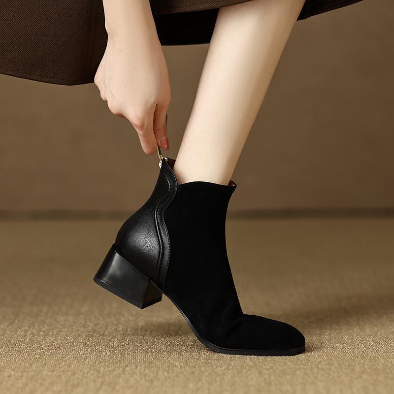Fashion 2025 New Autumn Boots Women Sheep Suede Leather Shoes for Women Square Toe Chunky Heel Women Boots Winter Zipper Modern Boots