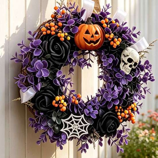 Halloween Fensterdekoration Kränze für Haustür, Totenkopf Kürbis Kranz mit Beeren, Schwarzer Herbst Ernte Hausdeko Rosen, Lila Blätter Türen,