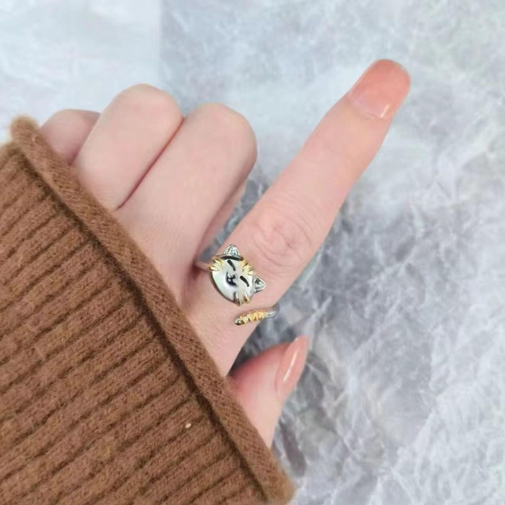 Adjustable Fidget Spinner Rings Cute Cartoon Animal Cat Kitten Rings Gold Silver Open Rotate Freely Ring Women Girls