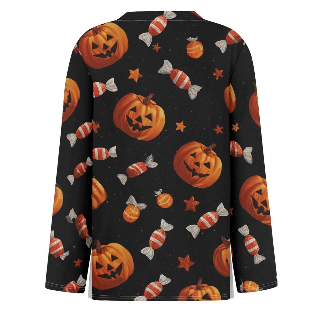 Womens Halloween Print Long Sleeve Top Round Neck Casual Pullover Shirt with Side Slit Hem Lightweight Stretchy Fabric