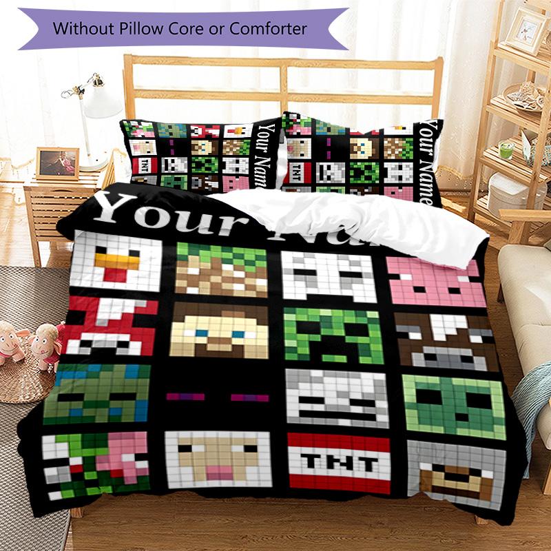 3pcs Minecraft2 Cover Set - Personalized Name, HD Printed Bedding with 1 Cover and 2 Pillowcases - Perfect for Home Decor, Easy Care