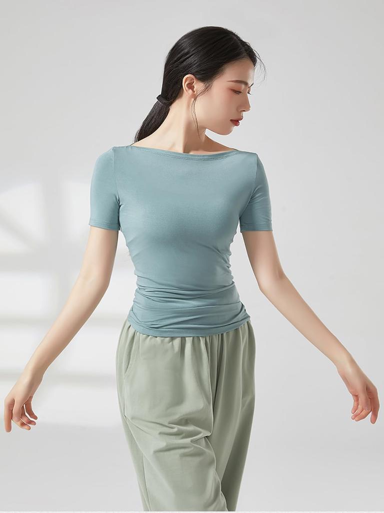 Yuoku Ballet Dance Short Sleeve Boat Neck Practice Stretch Dance Solid Classical Ballroom Dance Elastic Boat Women's Costume, Top, Wear, Top, T-Shirt,