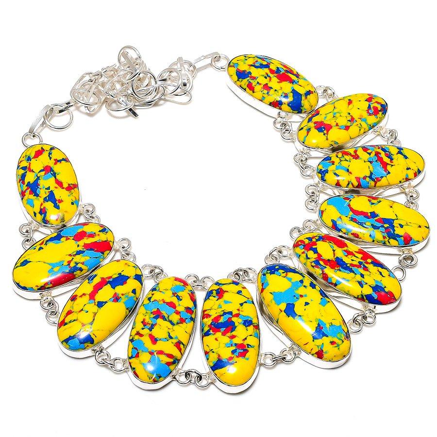 Mosaic Jasper Gemstone Handmade 925 Sterling Silver Jewelry Necklace 18" SU-9756