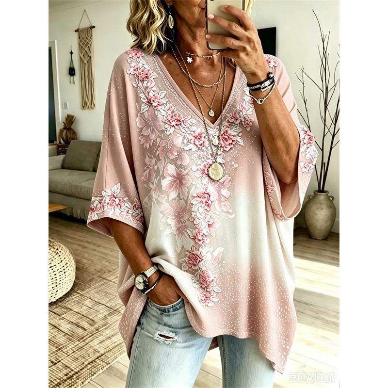 Übergrößen Damen V-Ausschnitt Fledermausärmel T-Shirt Bohemian Ethnischer Druck Lockerer Oberteil Sommer Bequem Atmungsaktiv Tägliches Pendeln Lässig Schlankmachender Stil