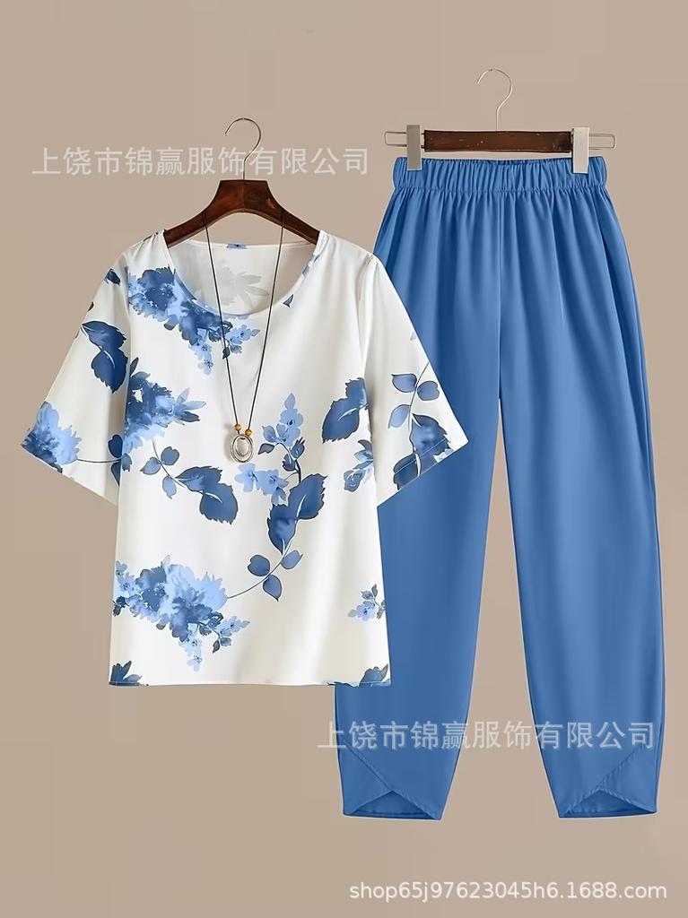 Spring and summer national style bamboo leaf plant printed women's clothing, breathable round neck medium sleeve top, elastic waist loose eight-point
