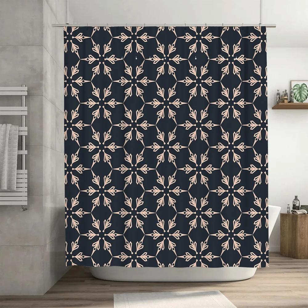 Modern Floral Bath Curtain Set Navy White Geometric Pattern Shower Curtain with Metal Eyelets for Bathtub Decor