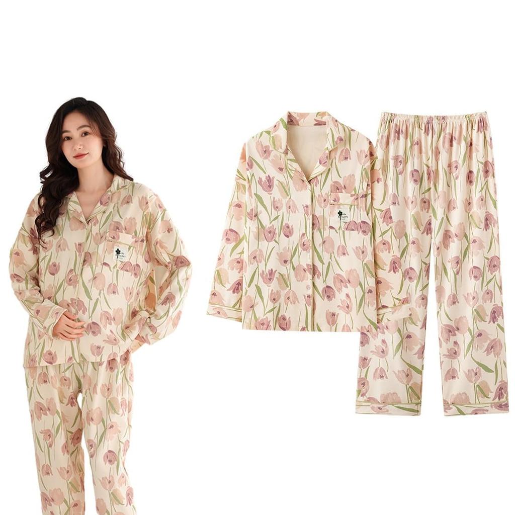 Shop Maternity Long Sleeve Nursing Pajamas with Nursing Open for and Postpartum Floral and Spring [Select Tomorrow] Opening, Button-Front, Front, Pre-