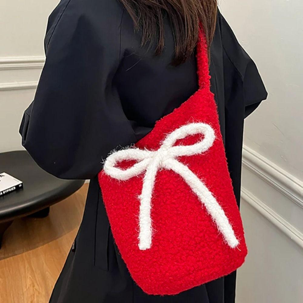 Bow Decoration Plush Bucket Bag Large Capacity New Year Red Tote Christmas Shoulder Bag  Women