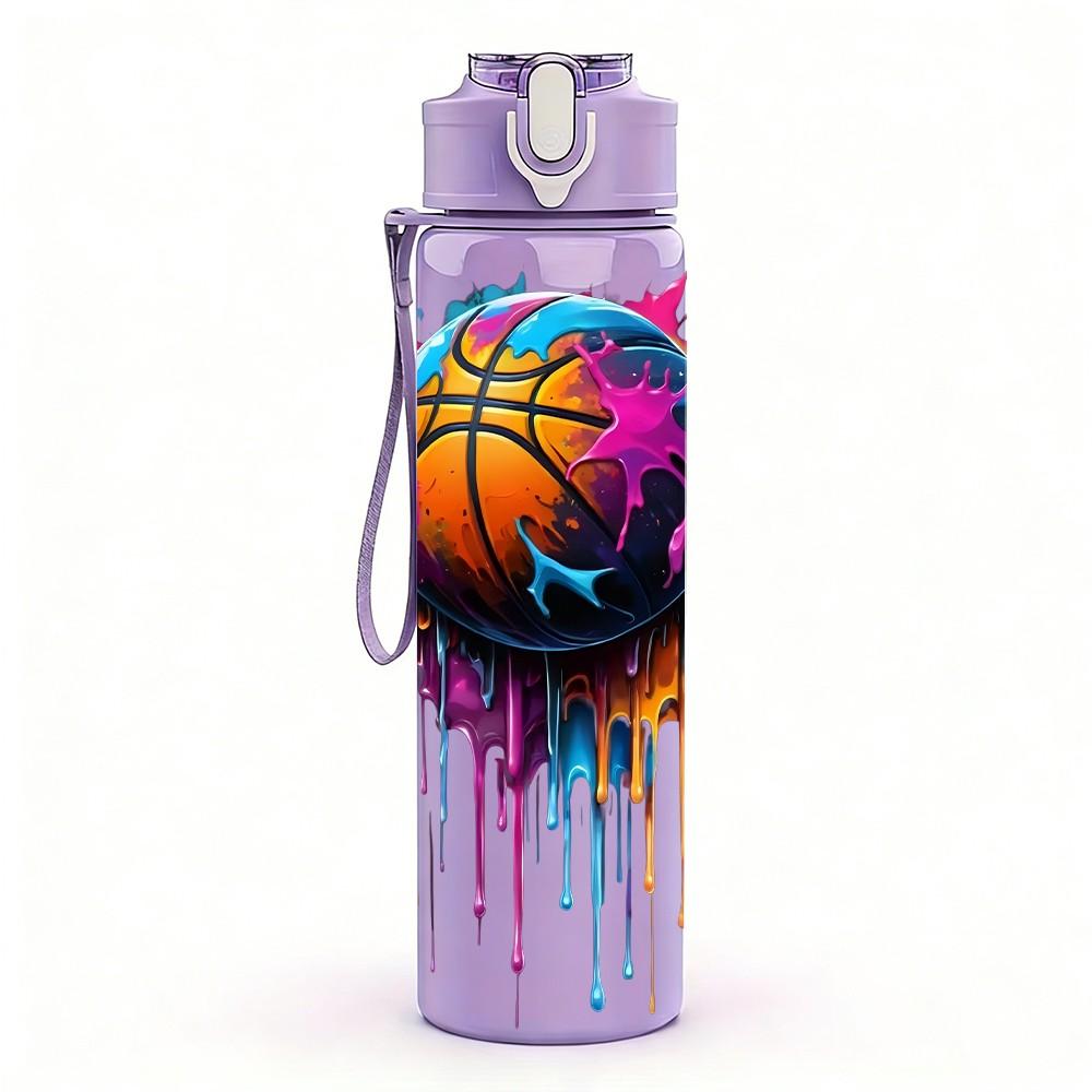 1PC Splash Basketball Color Sports Print 750ml Color Plastic Sports Water Bottle Leakproof Flip Straw Lid Suitable for Sports Office Home Use