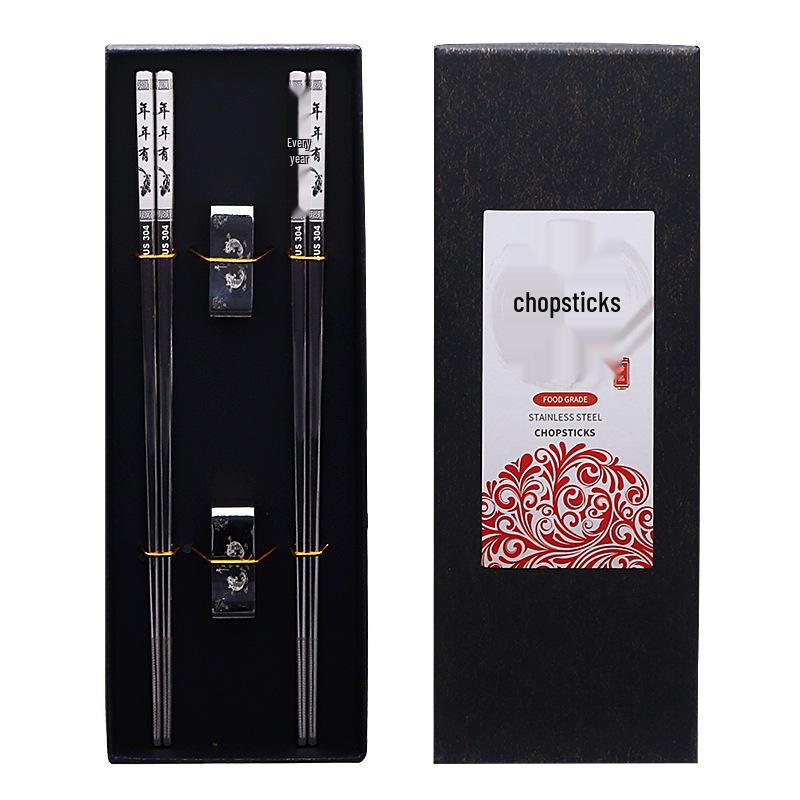 304 Stainless Steel Chopsticks & Rests Gift Set with Laser Black and White Logo