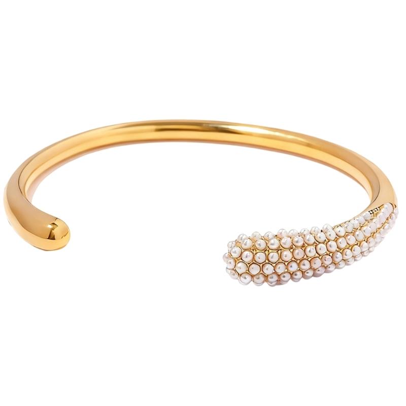 Minimalists Pearls Accent Stainless Steel Adjustable Bangle for Everyday or Evening Wear