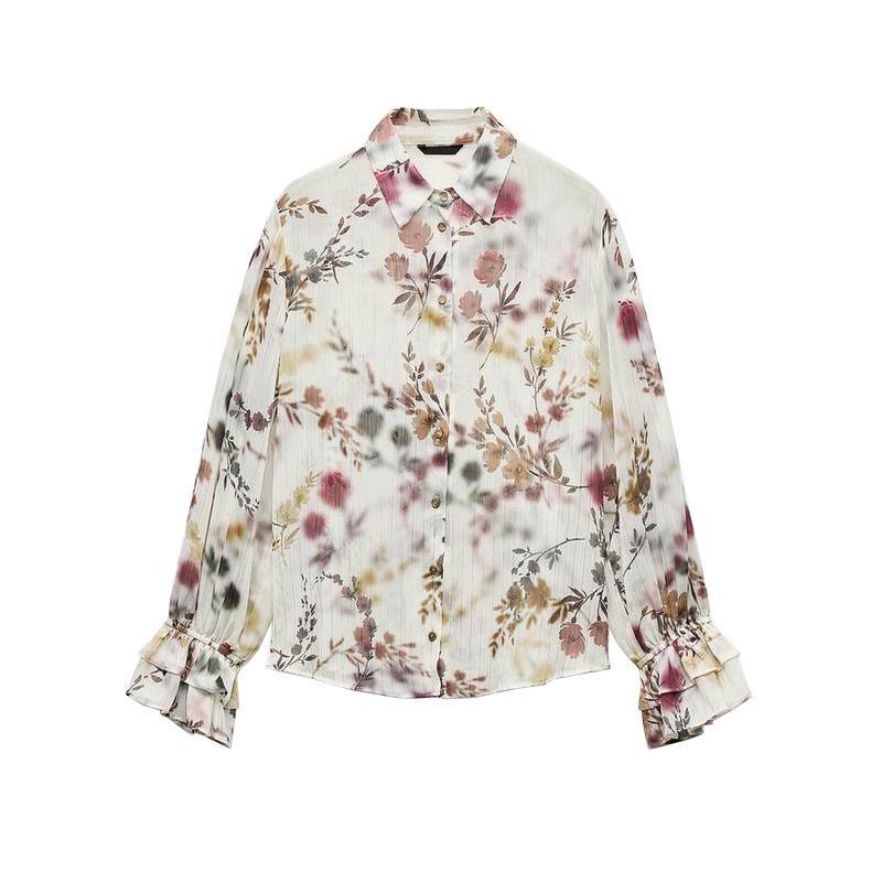 Spring New Women's Clothing Retro Style Metal Color Thread Print Fashion Lapel Long Sleeve Shirt 2522142