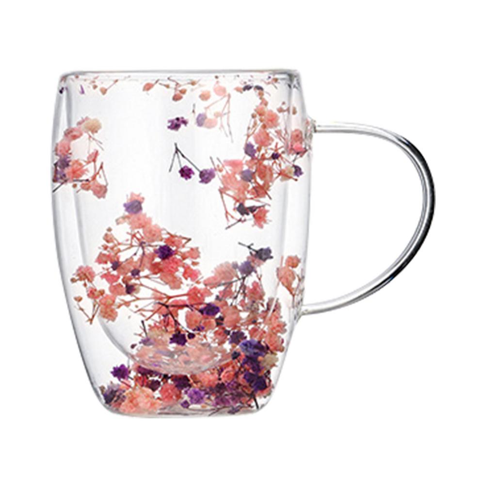 Kreativer doppelwandiger Glasbecher, Kaffeebecher mit echtem getrockneten Blumenfüller, Becher aus Borosilikatglas mit Henkel, handgefertigte Deko-Geschenke
