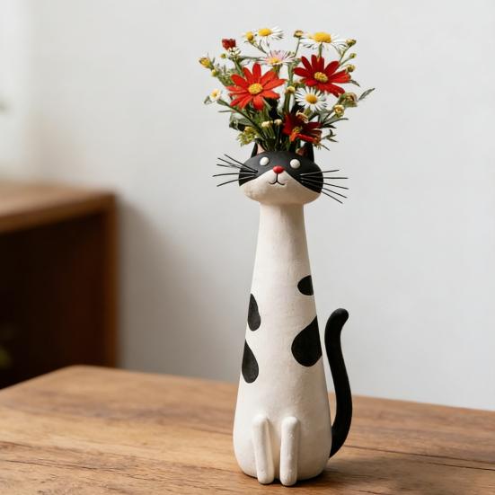 Handcrafted Quirky Cat Vase Whimsical Resin Cat Shaped Flower Vase for Flowers Pampas Grass Funny Kitty Ornament for Home Office Shelf Decor Gift