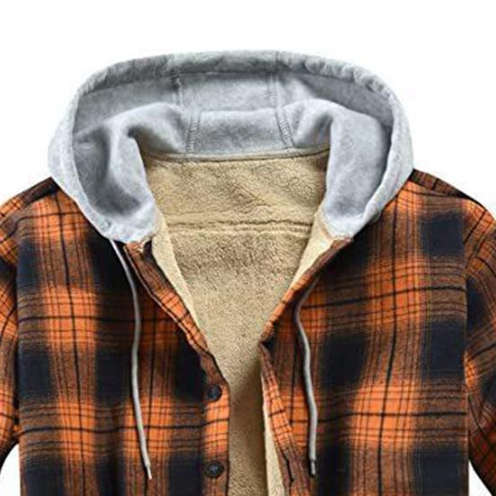 Winter Men Jacket Plaid Buttoned Coldproof Loose Plush Lining Hooded Jacket Outwear