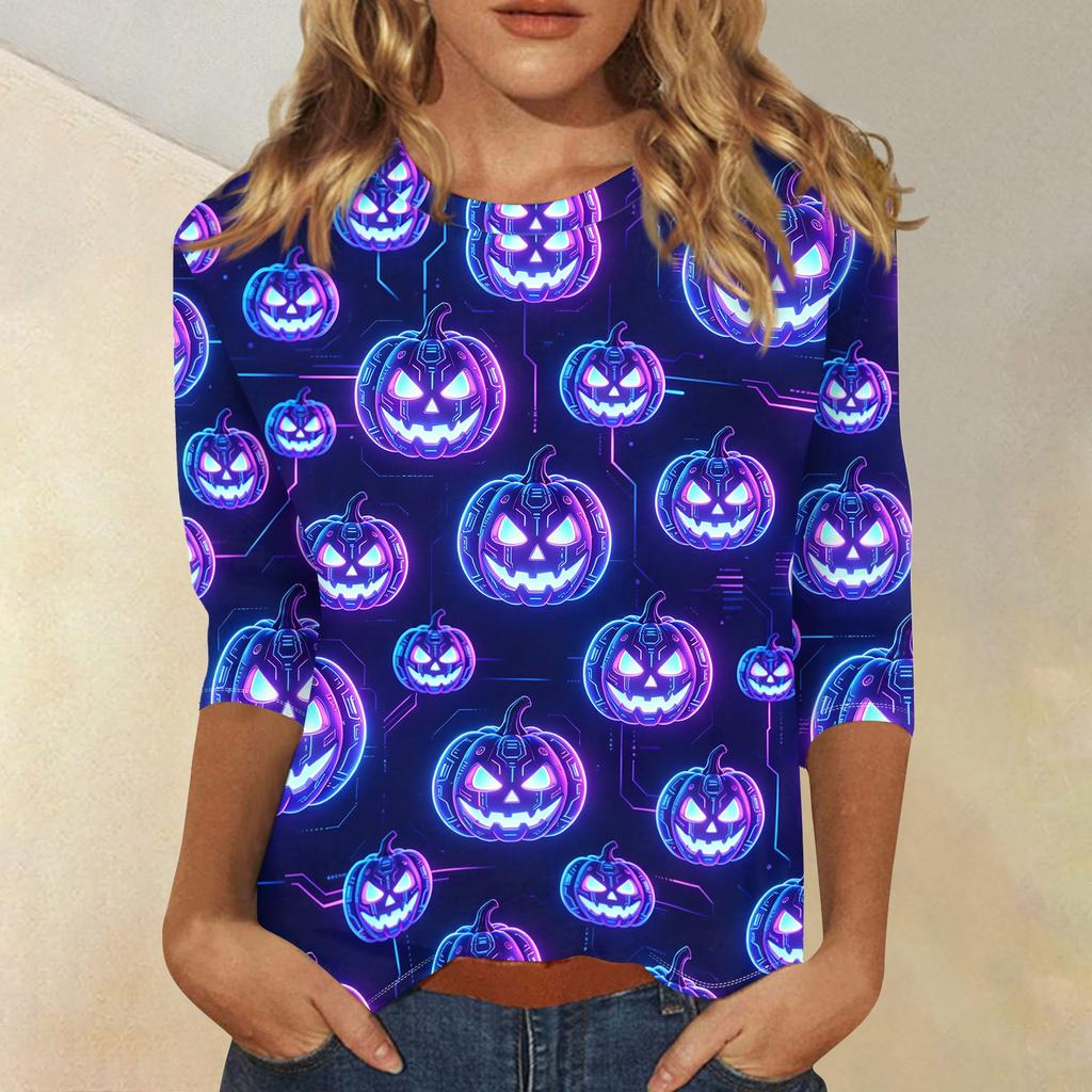 Women Casual 3/4 Sleeve Halloween Print Crew Neck Top Lightweight Soft Fabric Comfortable Fit Stretchy Material