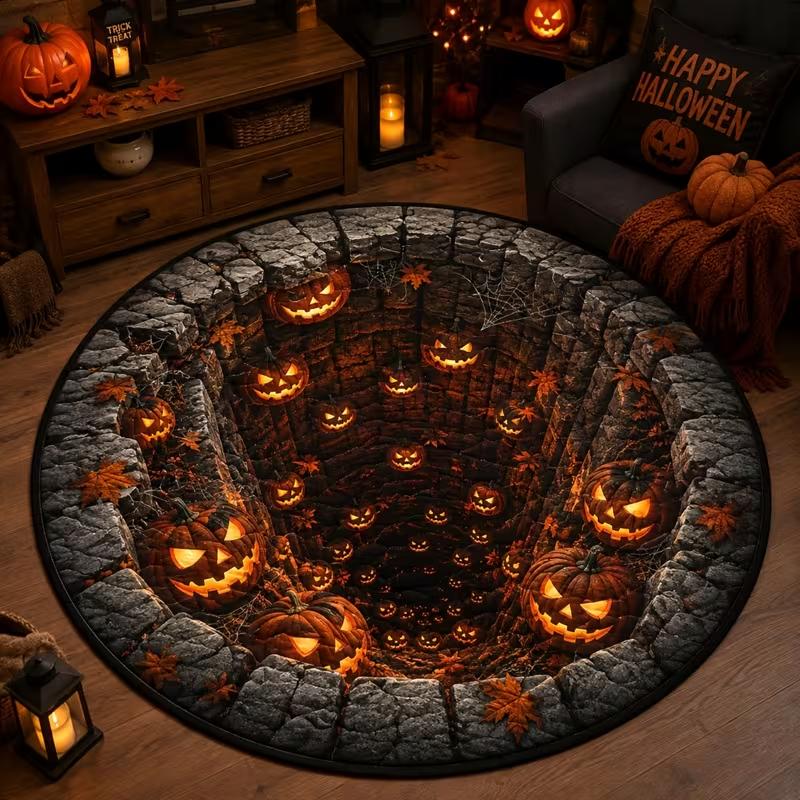 Halloween Skeleton Abyss 3D Optical Illusion Round Rug, Spiral Pit Skeleton Melted Candle Print, Household Decor Carpet