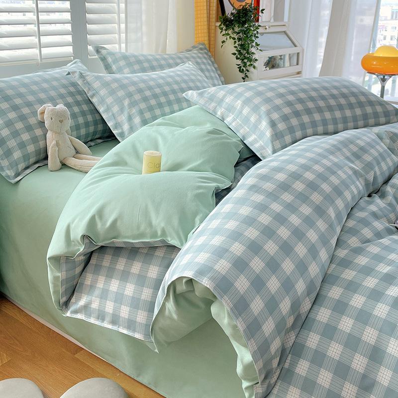 Muji Japanese Washed Cotton Flannel Plaid Bedding Set - 4 Pieces, Good Quality, Student Dormitory Style