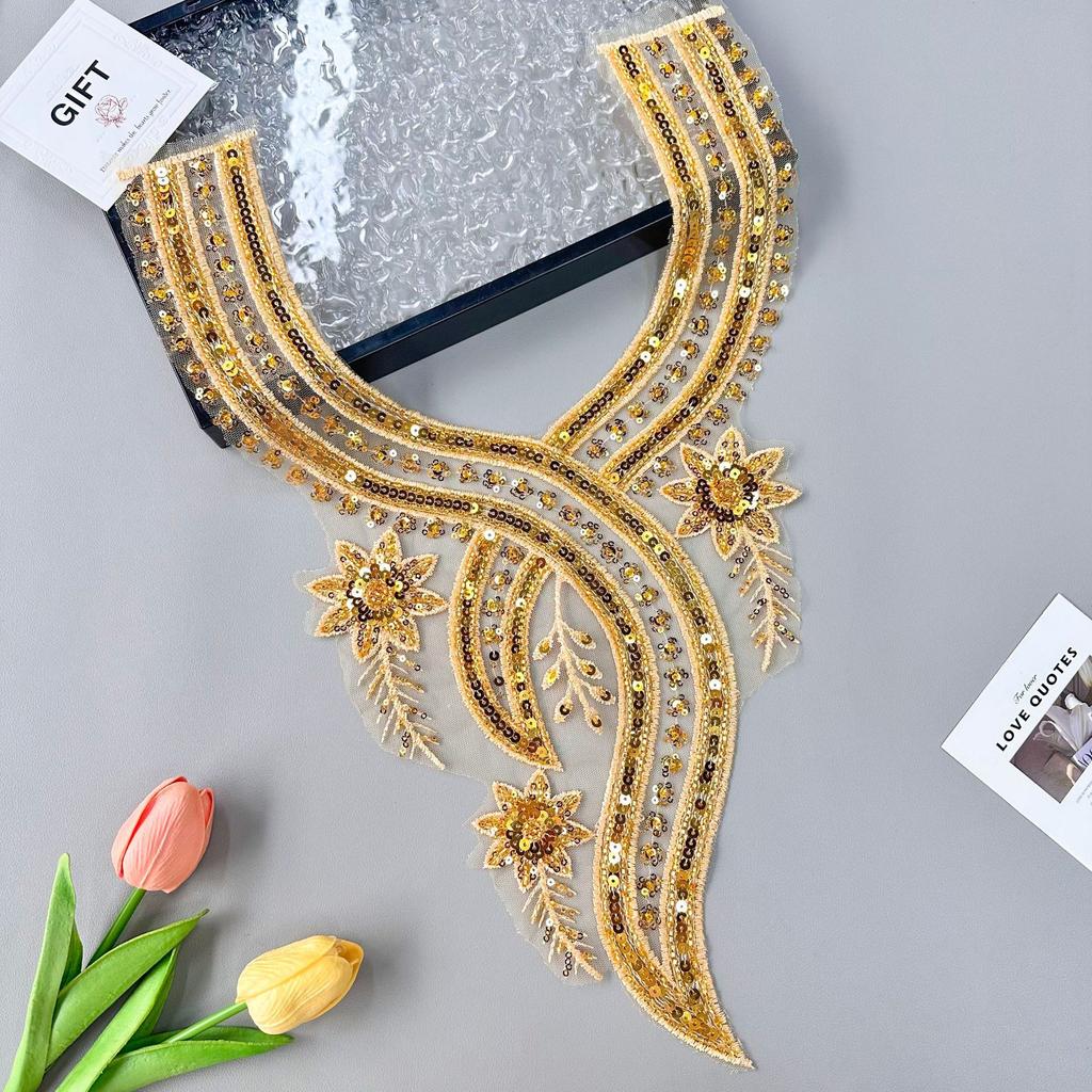 Heavy Industry Luxury Gold Beaded Sequins V-Neck Patch Evening Dress Performance Dress Decorative Front Neck Fabric Stickers Accessories