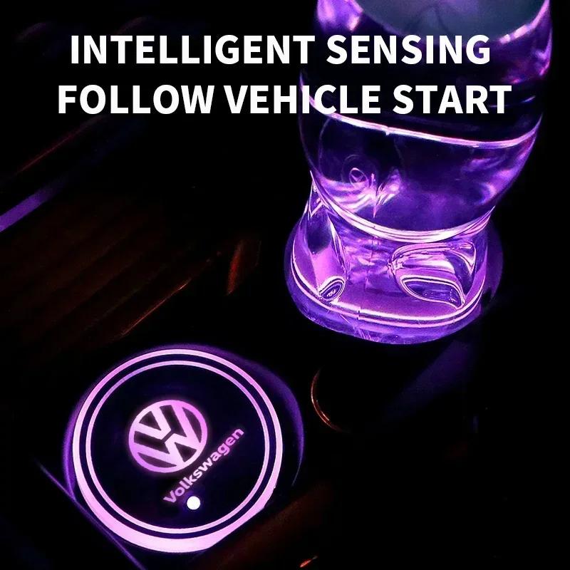B5 Cars 2025 Hot For Volkswagen 2x Luminous Car Cup Coaster Holder Car Led Atmosphere Light Logo Lamp For Volkswagen VW Golf GTI