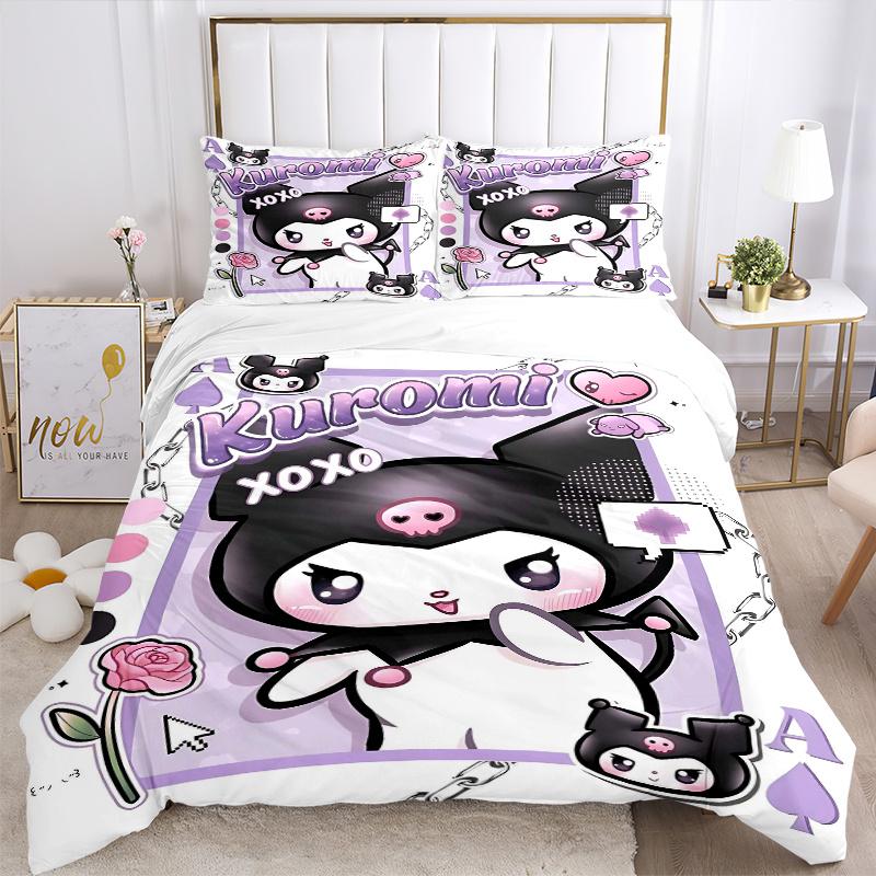 3pcs Kuromi's Sweet Kisses Quilt Set Cartoon Themed Bed Quilt Set Lovely Character Bedroom Decor Bed Quilt Set Four Seasons (1 Cover + 2Pillowcas