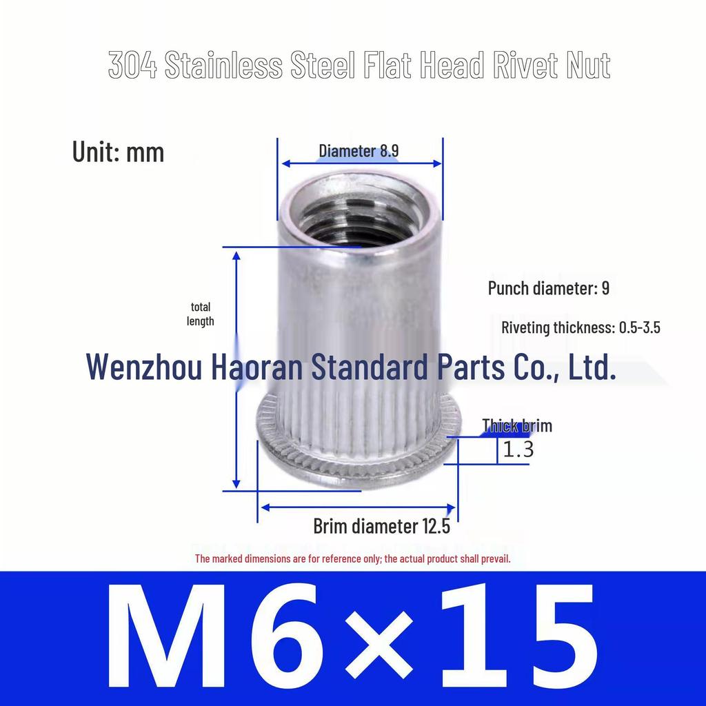 304 Stainless Steel Knurled Flat Head Rivet Nut with Vertical Ribs