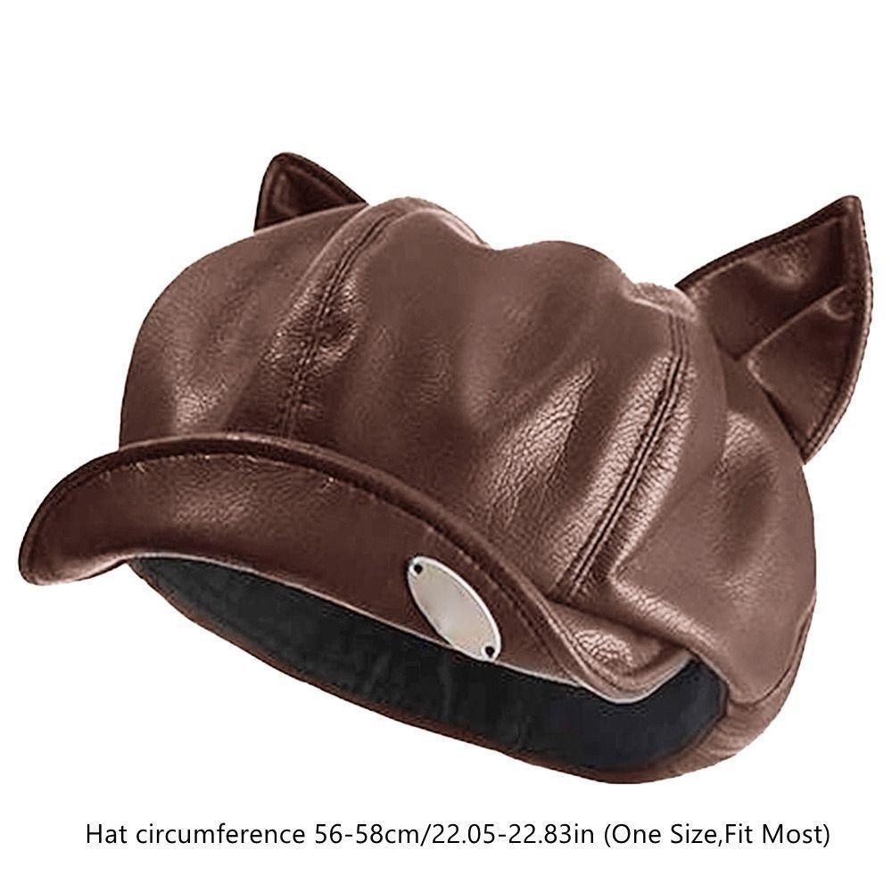 New Cat Ear Newsboy Hat Solid Color Casual Beret Hat PU Leather Personalized Peaked Cap Ladies Women Girls