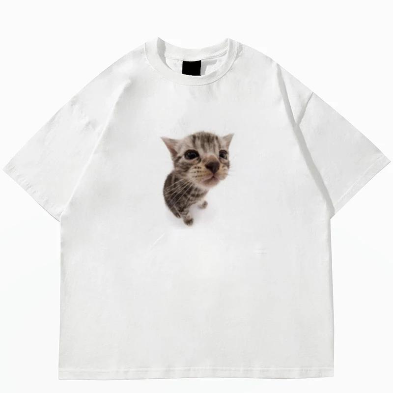 Top Style Noble Cat Love Music T-shirt Cute Cat Print Short Sleeve T-shirt Men's Harajuku Fashion Couple Loose Street Style Y2K
