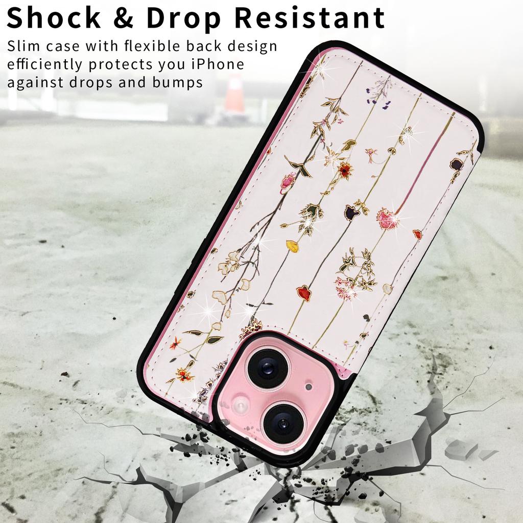 Für iPhone 15 Kartenfachhülle Ständer Sturzsicher Blumenmuster Handyhülle