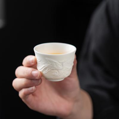 Suet Jade White Porcelain Relief Teacup Master Cup Dragon and Phoenix Cup Personal Single Cup Vegetarian Fired Kung Fu Ceramic Handmade Tea